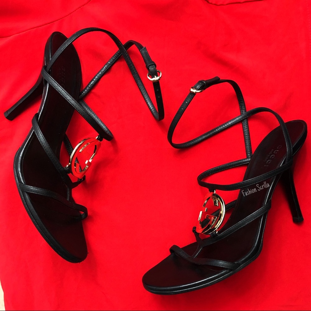 Gucci Vintage Black & Gold GG Strappy Leather Logo Sandal Heels